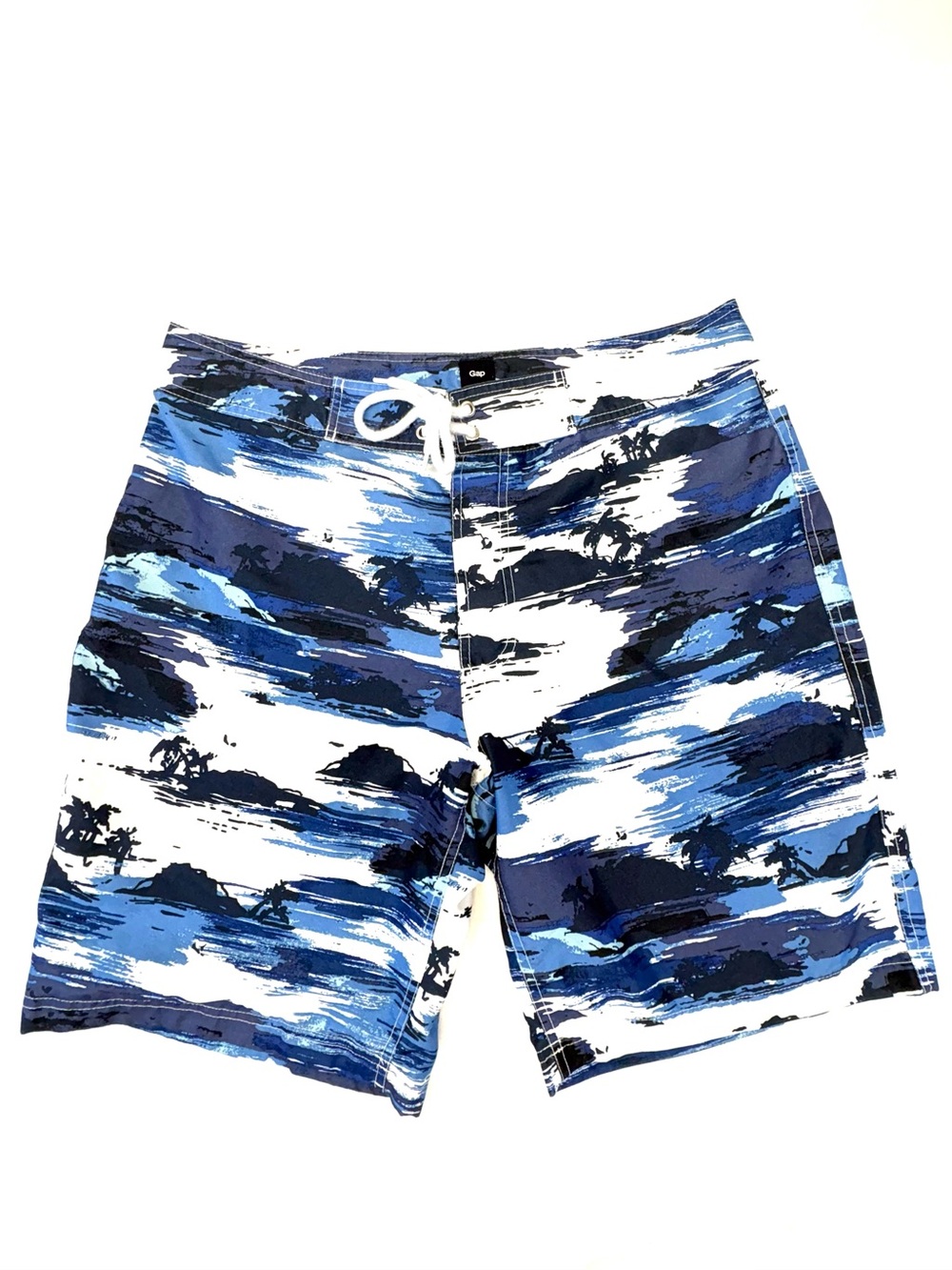 GAP Blue, Navy & White Painterly Print Swim Board Shorts Size Large